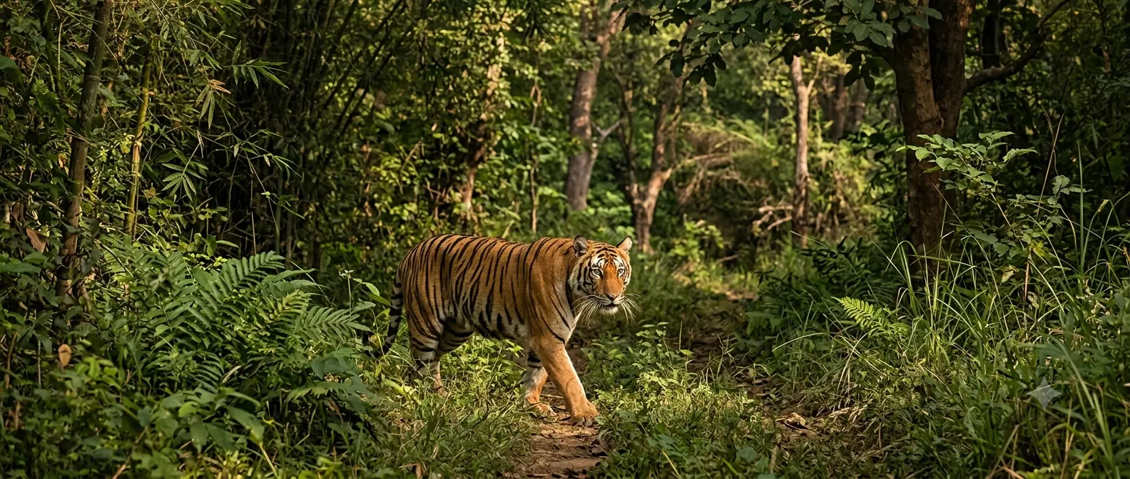 Royal Bengal Tiger prowling through Similipal dense sal forest